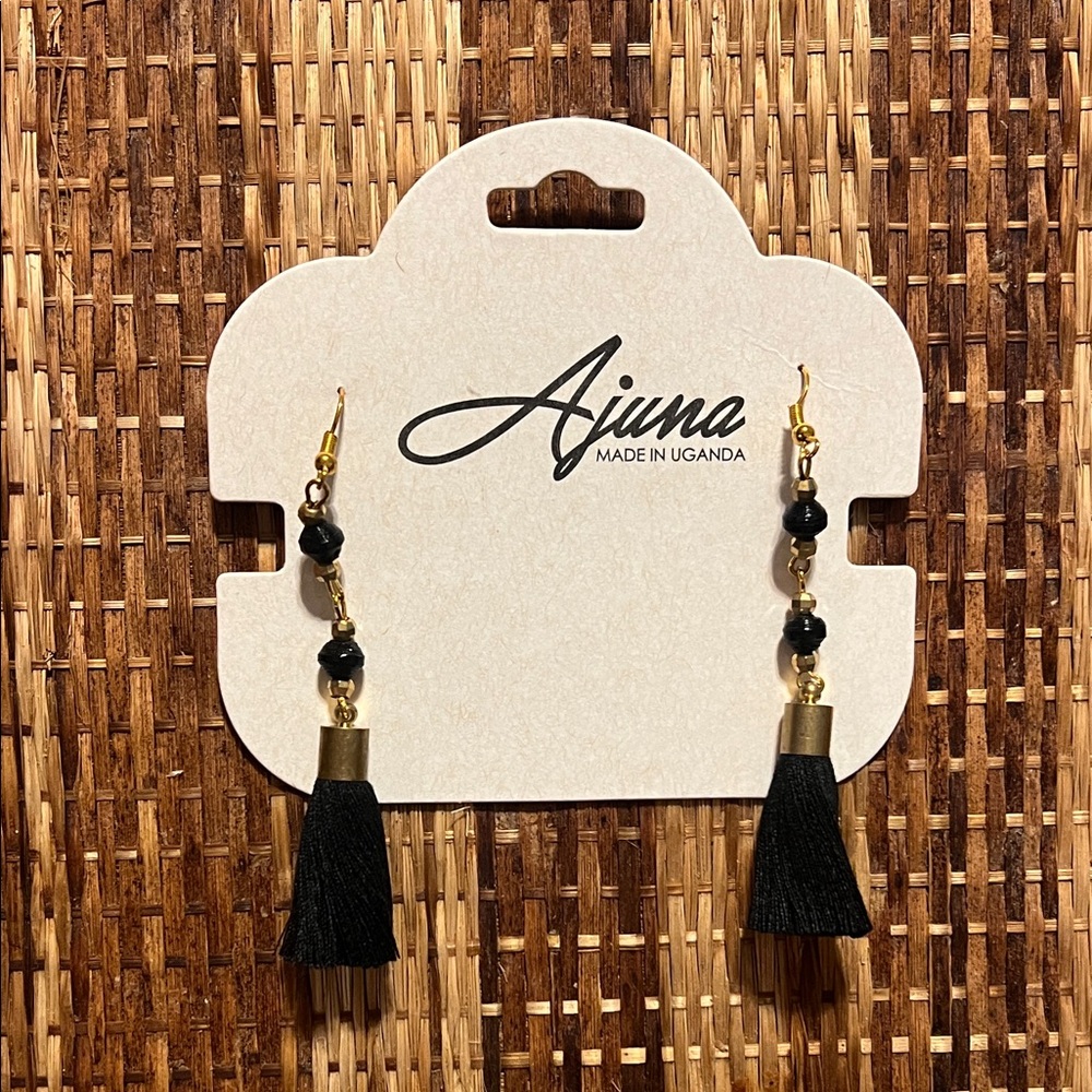 Black Tassel Drop Earrings with Gold Accents